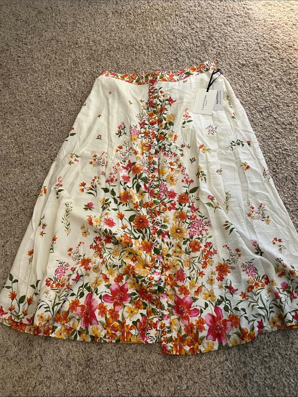 White Floral A-Line Midi Skirt with Pink & Orange Blooms